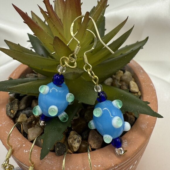 3 Sets REIMAGINED Venetian Lampwork Glass Bead Dangle Earrings 18K GP 925 Silver - Picture 2 of 7